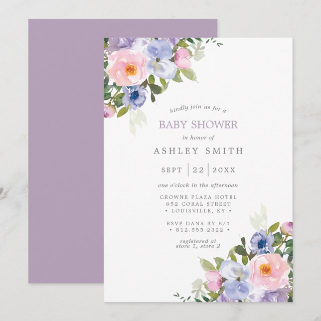 Convite Chuva de Flores Rosa Bege Roxo Aquarela Baby Showe (Frente/Verso)