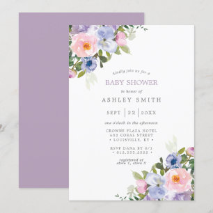 Convite Chuva de Flores Rosa Bege Roxo Aquarela Baby Showe