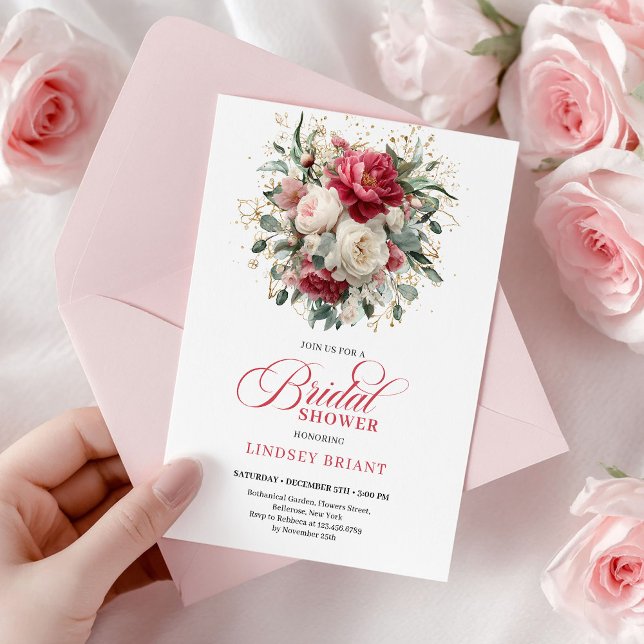 Convite Chuva de Flores Rosa Borgonha Glam Boho (Minimal Bohemian Red White Gold Bridal Shower)