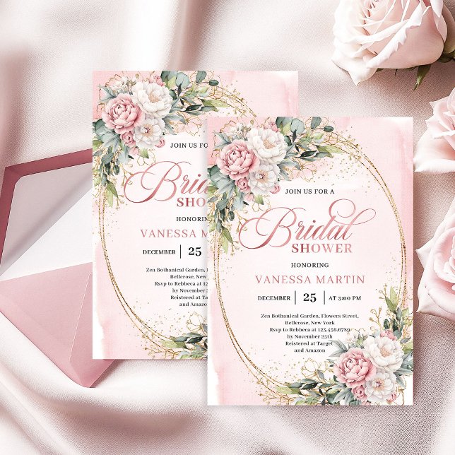 Convite Chuva de Flores Rosa Clássica Atemporal com Eucali (Timeless Blush Pink Floral Eucalyptus Shower)