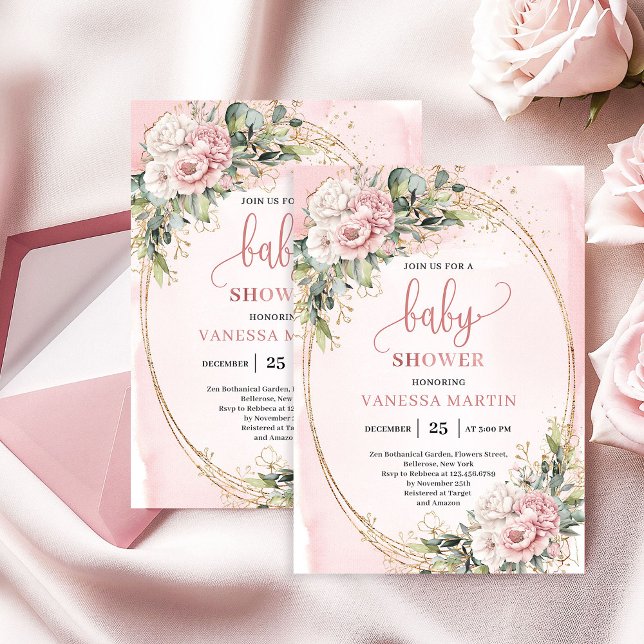 Convite Chuva de Flores Rosa Desbotado Eucalipto Chá de Be (Whimsical Dusty Pink Flowers Eucalyptus Baby Shower)
