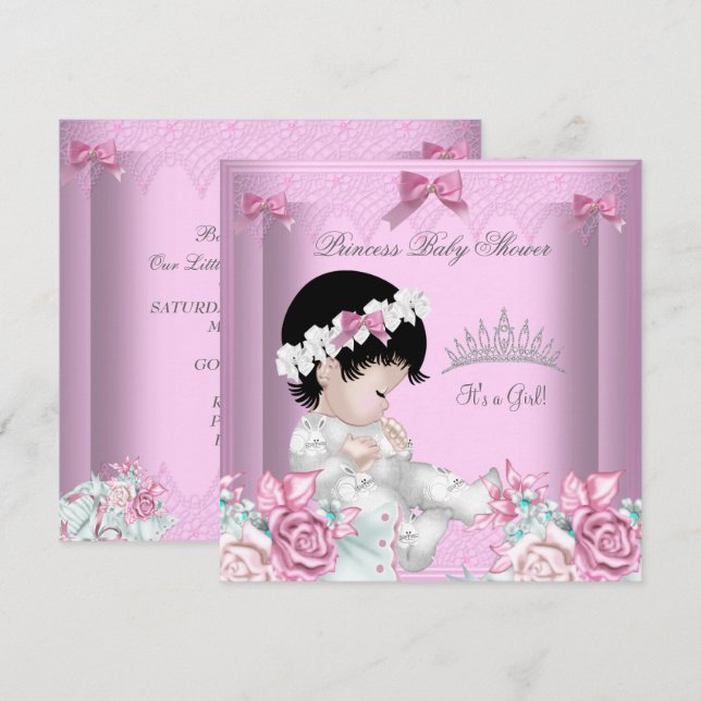 Convite Chuva de Flores Rosa e Cinza para Bebê Menina (Frente/Verso)