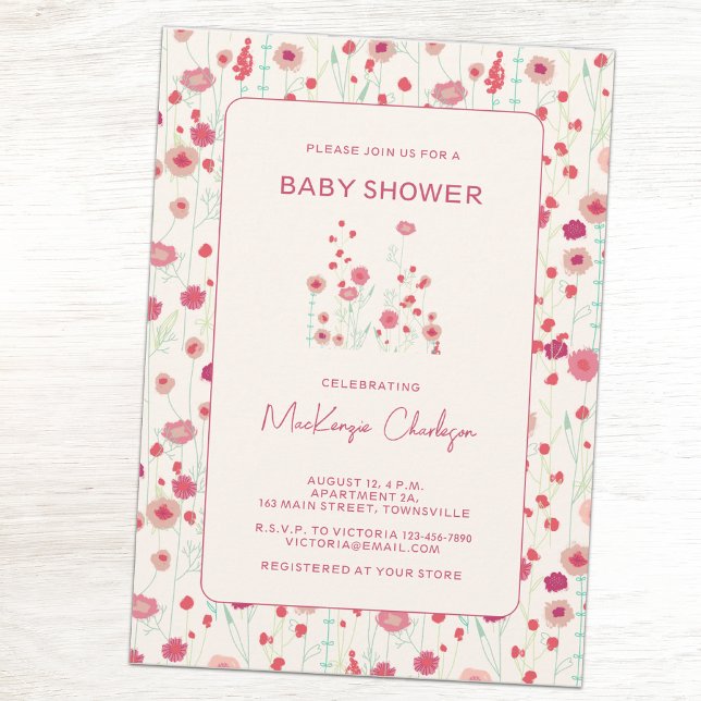 Convite Chuva de Flores Rosa e Creme para Chá de Bebê (Wildflower meadow baby shower invitations)