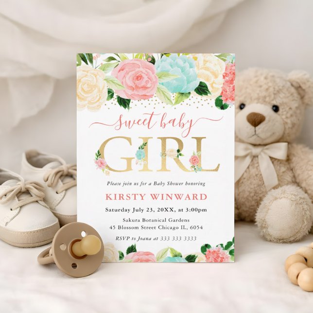 Convite Chuva de Flores Rosa e Verde Água no Chá de Bebê (Criador carregado)