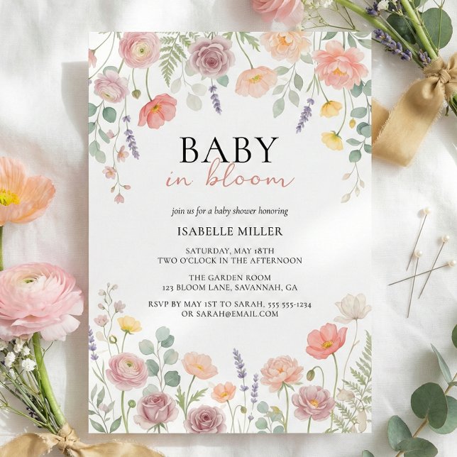 Convite Chuva de Flores Rosa e Verde Turquesa para Bebê em (Baby In Bloom Blush & Teal Spring Floral Shower Invitation)