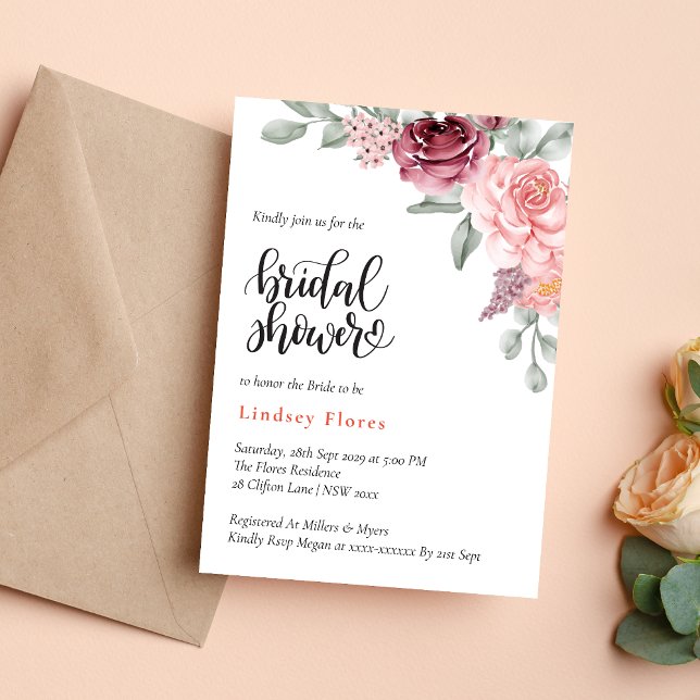 Convite Chuva de Flores Rosa Empoeirada Elegante Banho de  (Dusty rose floral watercolor bridal shower invitation adds elegant romantic charm to celebrations)