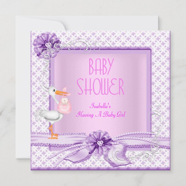 Convite Chuva de Flores Rosa Roxo para Bebê Menina (Frente)