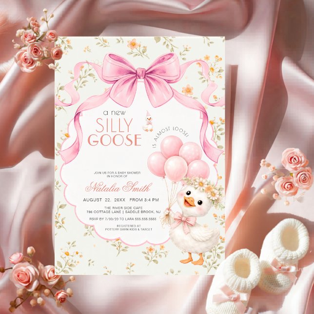 Convite Chuva de Flores Rosa Silly Goose Chá de Bebê (Criador carregado)