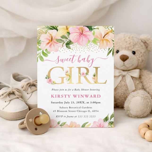 Convite Chuva de Flores Rosa Tropical em Aquarela para Chá (Criador carregado)