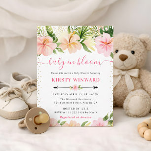 Convite Chuva de Flores Tropicais Rosa em Aquarela para Ch