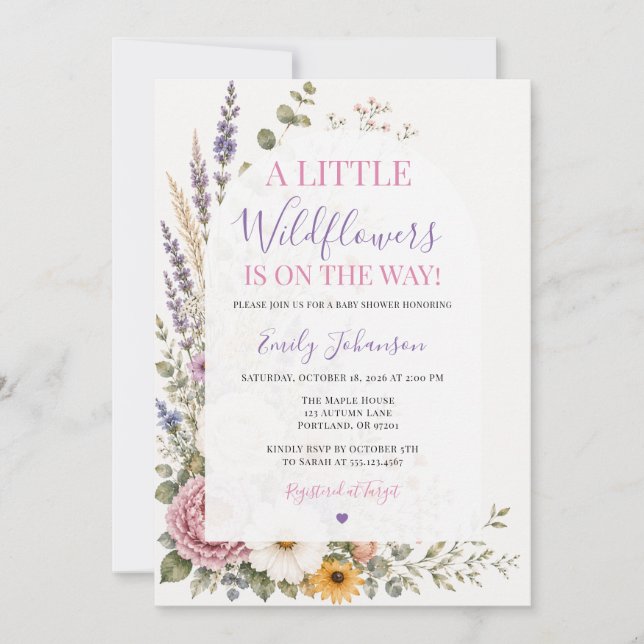 Convite Chuva de Florzinhas Roxo Lavanda Baby Shower (Frente)