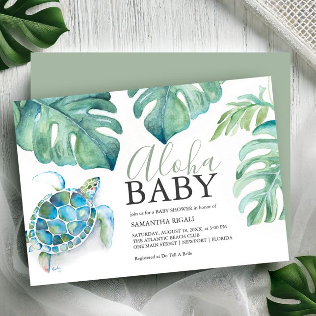 Convite Chuva de Folhas de Monstera de Tartaruga Marinha T (Tropical baby shower theme watercolor sea turtle & palm leaf art Victoria Griglaiunas DoTellABelle)
