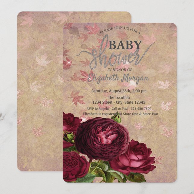 Convite Chuva de Folhas de Rosas Vermelhas Elegantes para  (Frente/Verso)
