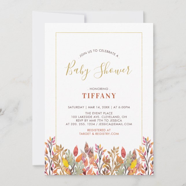 Convite Chuva de folhas e ouro Baby Shower (Frente)