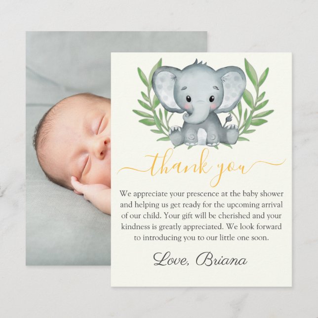 Convite Chuva de Folhas Elefante Neutro Chá de Bebê (Frente/Verso)