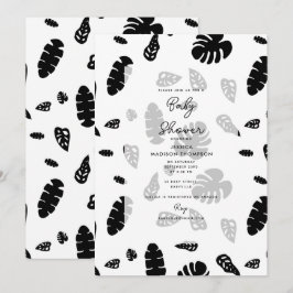 Convite Chuva de Folhas Tropicais Preto e Branco para Baby