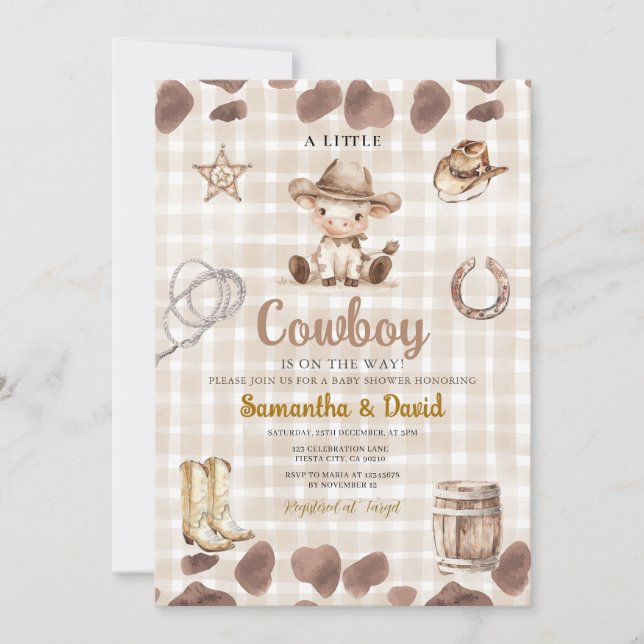 Convite Chuva de Gingham Cowboy é a Caminho Chuveiro de Be (Frente)