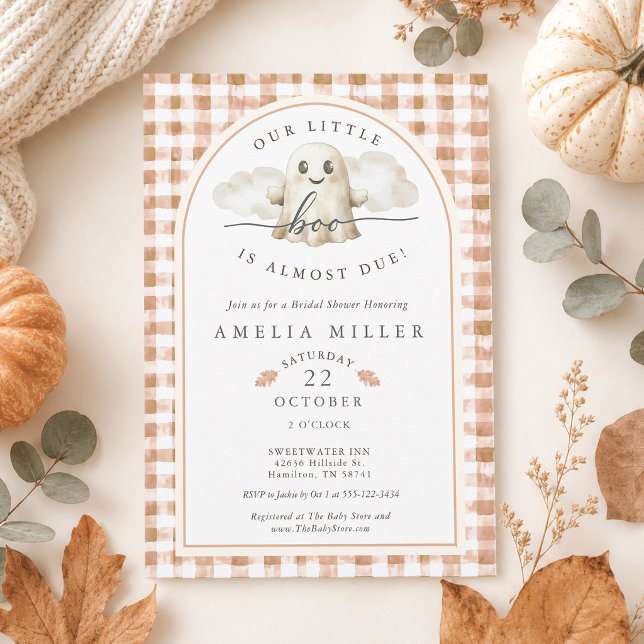 Convite Chuva de Gingham Nossa Pequena Fantasma Festa de B (Fall Gingham Our Little Boo Ghost Baby Shower Invitation)