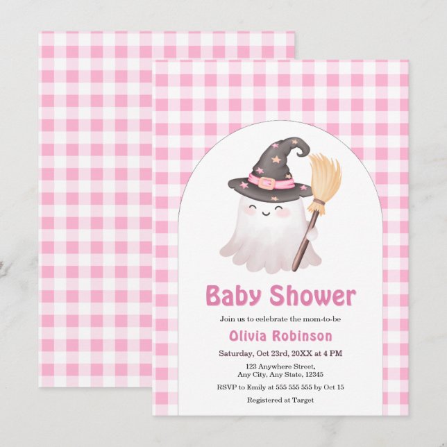 Convite Chuva de Gingham Rosa Fantasma Fofo Halloween Chá  (Frente/Verso)