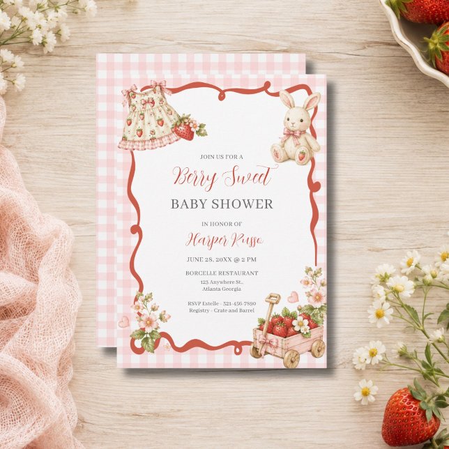 Convite Chuva de Gingham Rosa Festa de Bebê Morango (Pink Gingham Strawberry Baby Shower Invitation)
