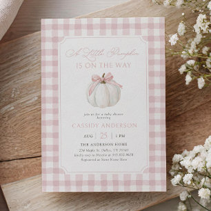 Convite Chuva de Gingham Rosa Pequeno Abóbora Chá de Bebê