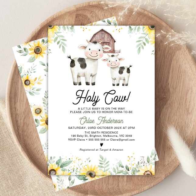 Convite Chuva de Girassóis de Gênero Neutro Vaca Sagrada p (Holy Cow Baby Shower Invitation, Gender Neutral Cow Themed Baby Shower Invitation, Cow and Calf)