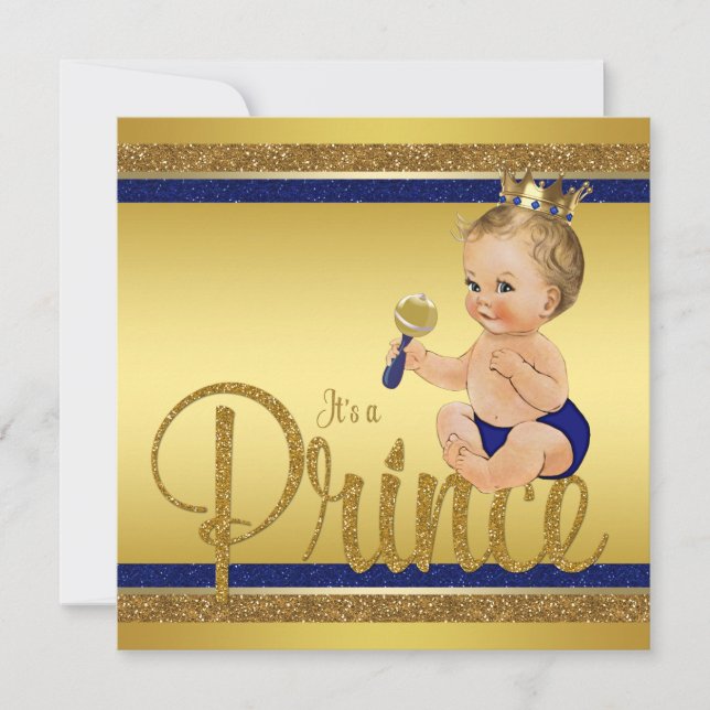 Convite Chuva de Glitter Azul Real e Dourado do Príncipe B (Frente)