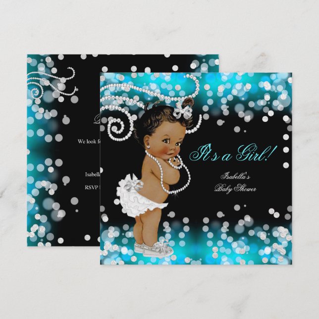 Convite Chuva de Glitter Azul Turquesa Preto Menina Chamad (Frente/Verso)