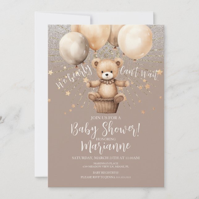 Convite Chuva de Glitter Bear Rustico Boêmio para Chá de B (Frente)