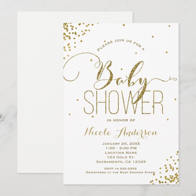 Convite Chuva de Glitter Branco & Dourado Glam BABY SHOWER (Frente/Verso)
