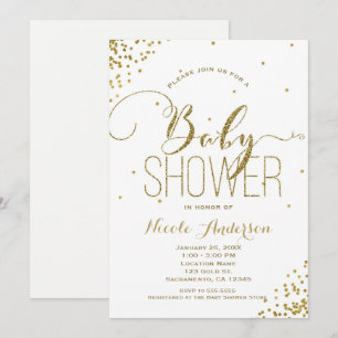 Convite Chuva de Glitter Branco & Dourado Glam BABY SHOWER