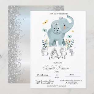 Convite Chuva de Glitter de Elefante Bebê Prata Baby Showe