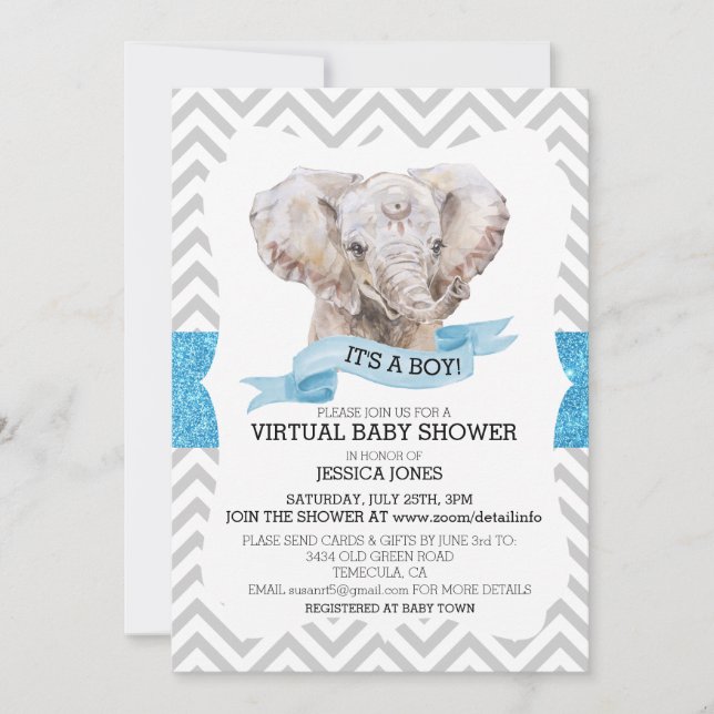 Convite Chuva de Glitter do Elefante do Menino Virtual Bab (Frente)