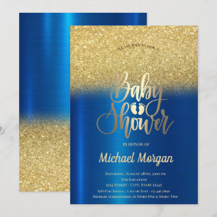 Convite Chuva de Glitter Dourado Azul Metálico Baby Shower