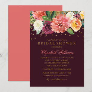Convite Chuva de Glitter Dourado Floral Pêssego Borgonha p