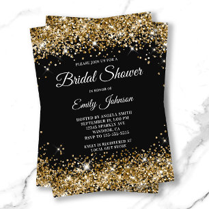 Convite Chuva de Glitter Dourado Preto Fancy Script Noivad