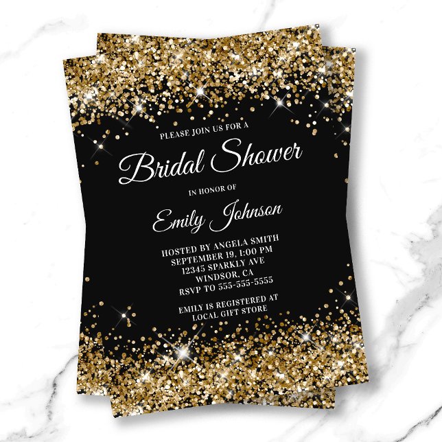 Convite Chuva de Glitter Dourado Preto Fancy Script Noivad (Black Gold Glitter Fancy Script Bridal Shower Invitation)