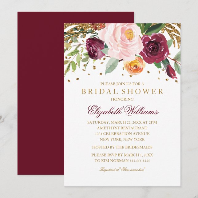 Convite Chuva de Glitter Floral Borgonha para Chá de Noiva (Frente/Verso)