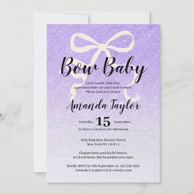 Convite Chuva de glitter lilás coquette bow Baby Shower (Frente)