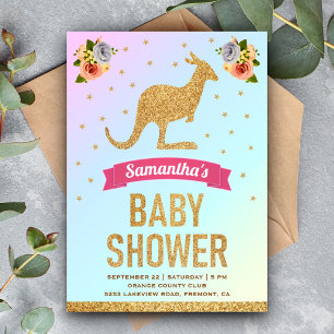 Convite Chuva de Glitter Mágico Dourado Canguru Baby Showe
