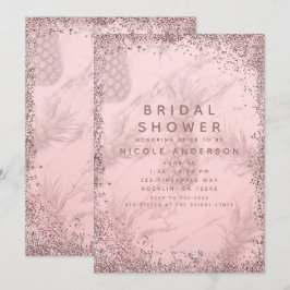 Convite Chuva de Glitter Rosa Dourado Abacaxi Chá de Noiva