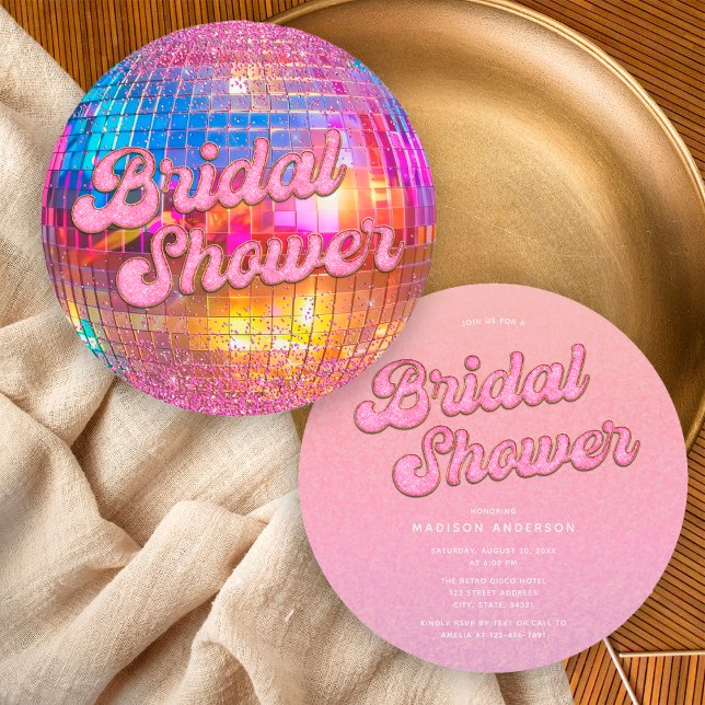Convite Chuva de Glitter Rosa Dourado Bola de Disco Chá de (Criador carregado)