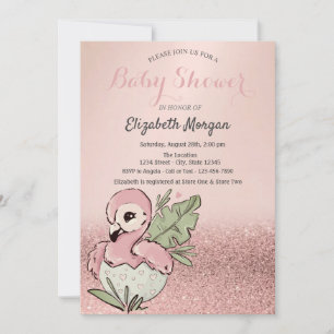 Convite Chuva de Glitter Rosa Dourado Flamingo Bebê Fofinh