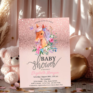 Convite Chuva de Glitter Rosa Dourado Floral Pônei Baby Sh