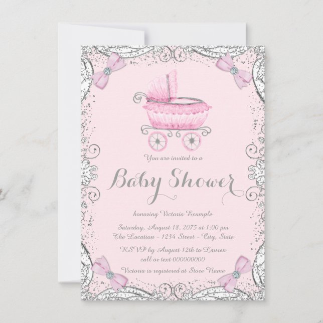 Convite Chuva de Glitter Rosa e Cinza para Chá de Bebê (Frente)
