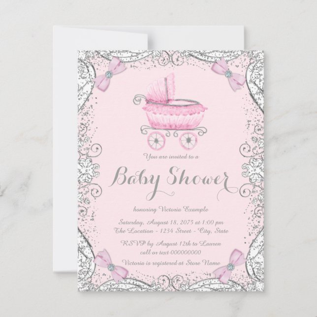 Convite Chuva de Glitter Rosa e Cinza para Chá de Bebê (Frente)