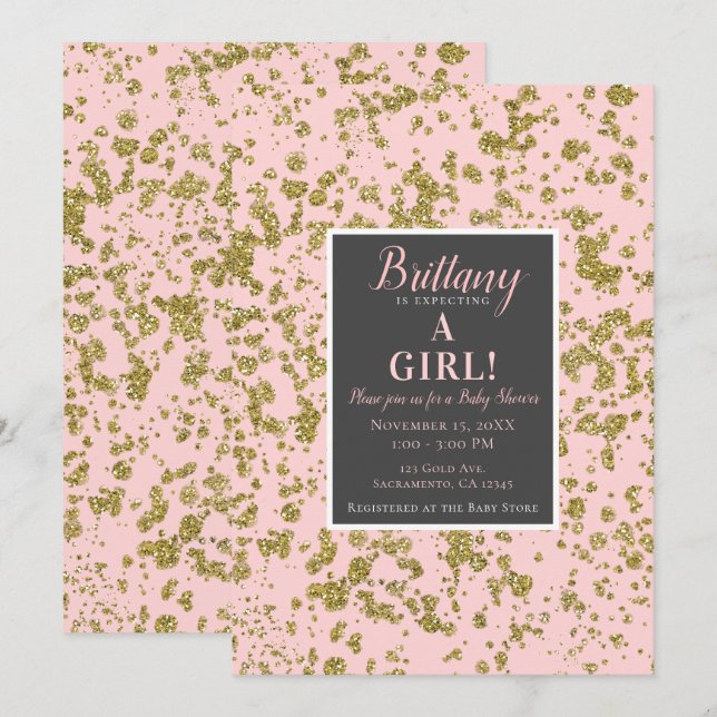 Convite Chuva de Glitter Rosa e Dourado Chá de Bebê Modern (Frente/Verso)