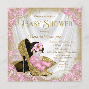 Convite Chuva de Glitter Rosa e Dourado Sapato Pérola Baby