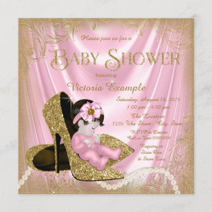 Convite Chuva de Glitter Rosa e Dourado Sapato Pérola Baby