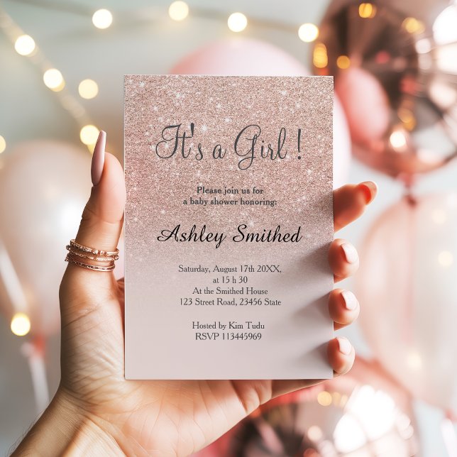 Convite Chuva de glitter rosa glamouroso em tom de rosa pa (Rose gold faux glitter pink ombre girl baby shower invitation)